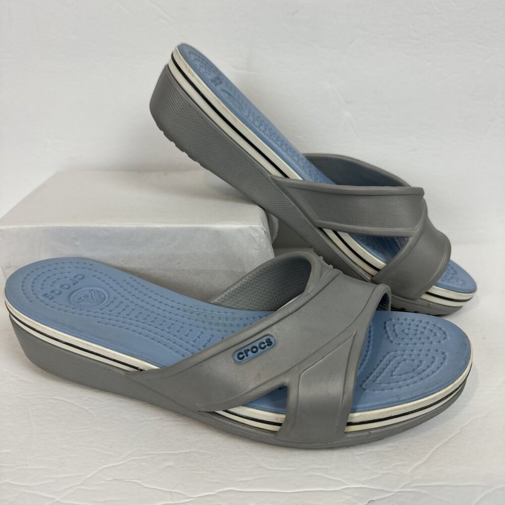 Crocs Cyprus Wedge Gray Blue Slide Sandals sz 9 waterproof comfort beach pool